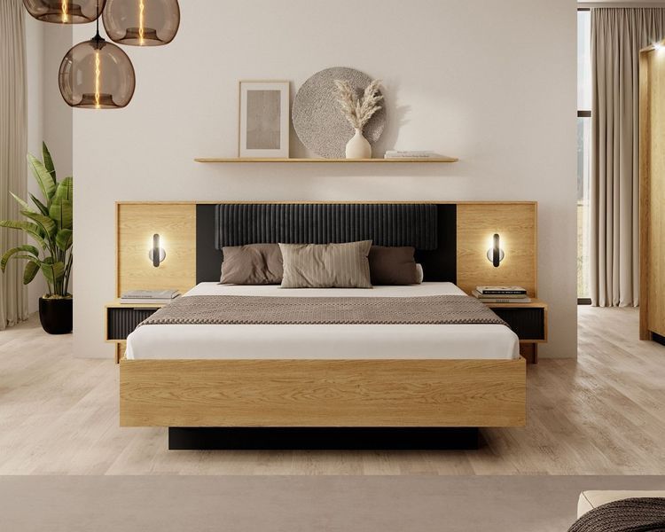 Тумби приліжкові 2 шт. Perfect Home Балтик / Baltic 1S/49 з 1 шухлядою та підсвіткою Дуб балтик/чорний (PFH-091378) PFH-091378 фото
