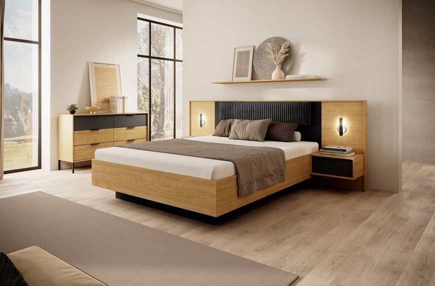 Тумби приліжкові 2 шт. Perfect Home Балтик / Baltic 1S/49 з 1 шухлядою та підсвіткою Дуб балтик/чорний (PFH-091378) PFH-091378 фото