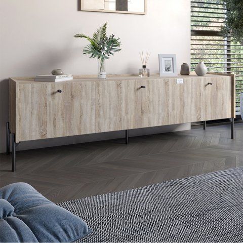 Тумба під телевізор на 3 шухляди LION Wood з чорними ніжками 160х65х40 см Дуб Сонома (LION-043100) LION-043100 фото